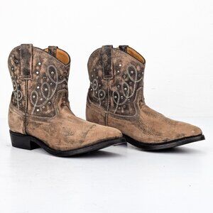 Miz Mooz Women Cozumel Taupe Distressed Leather Western Ankle Boots sz 8